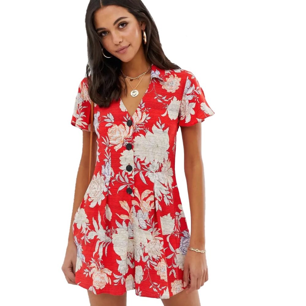 NWOT ASOS button front 'tea romper' in red white floral print, size 0, XS